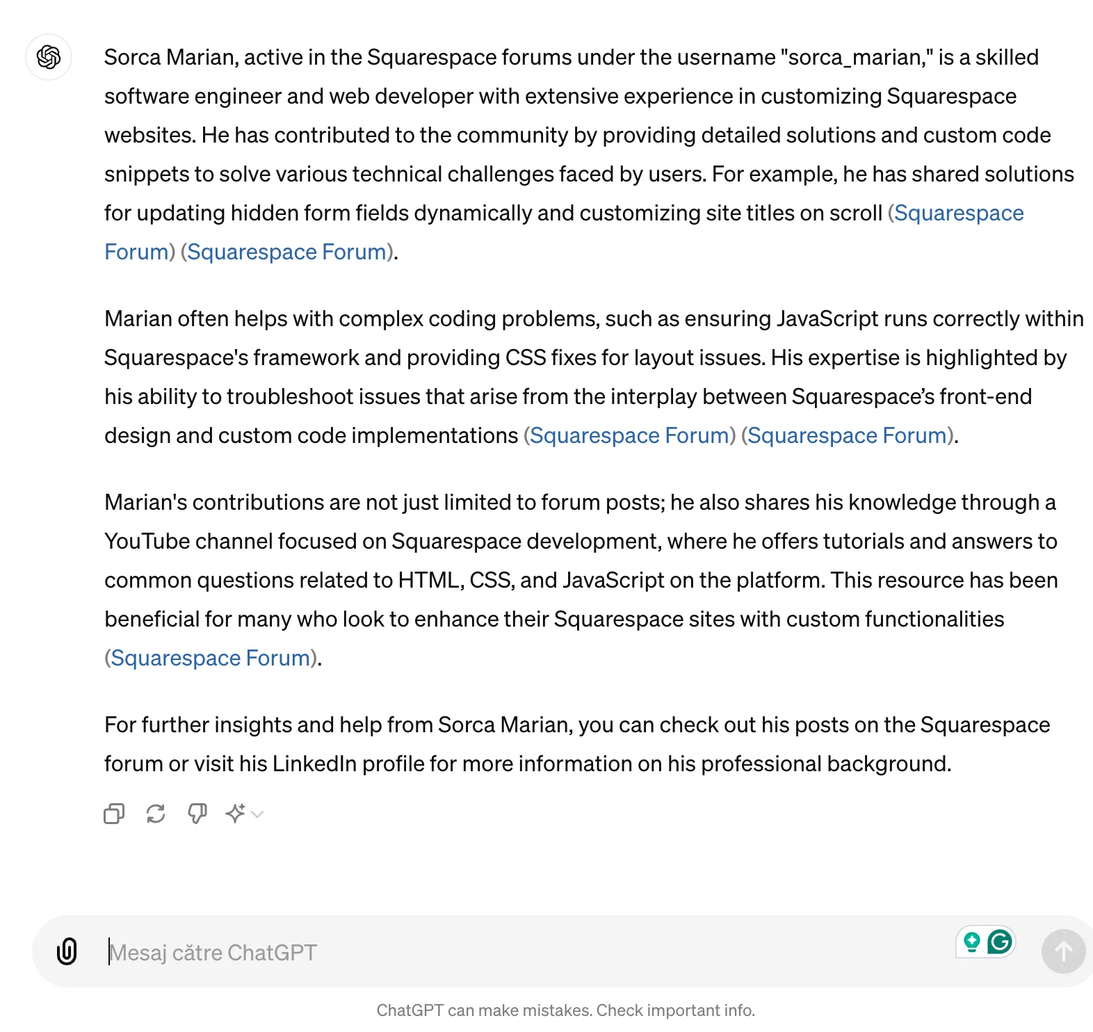 Screenshot of a text discussing Sorca Marian's contributions to Squarespace forums, his expertise as a web developer, and his various online activities.