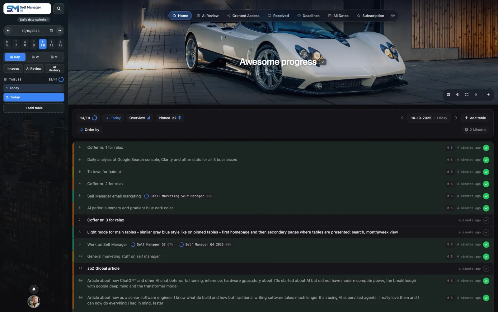 SelfManager.ai in dark mode: the same day’s tasks with time tracking