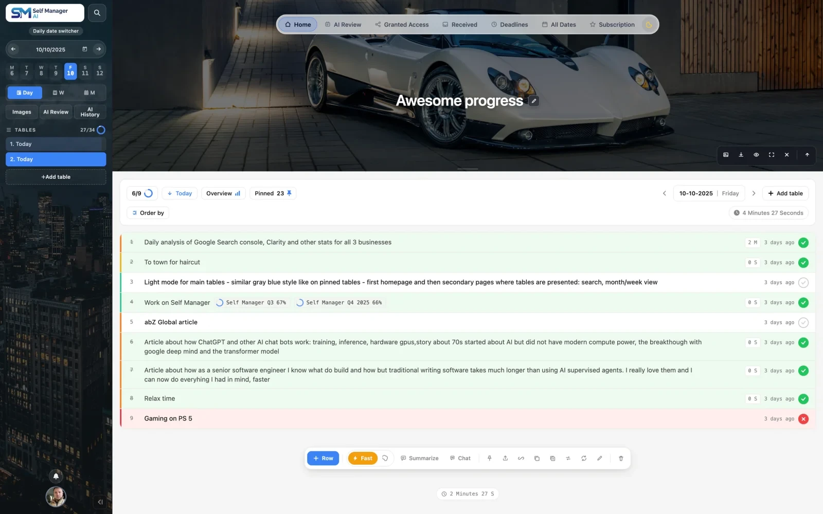 SelfManager.ai: a day’s task table with time tracking, AI review and a custom header photo